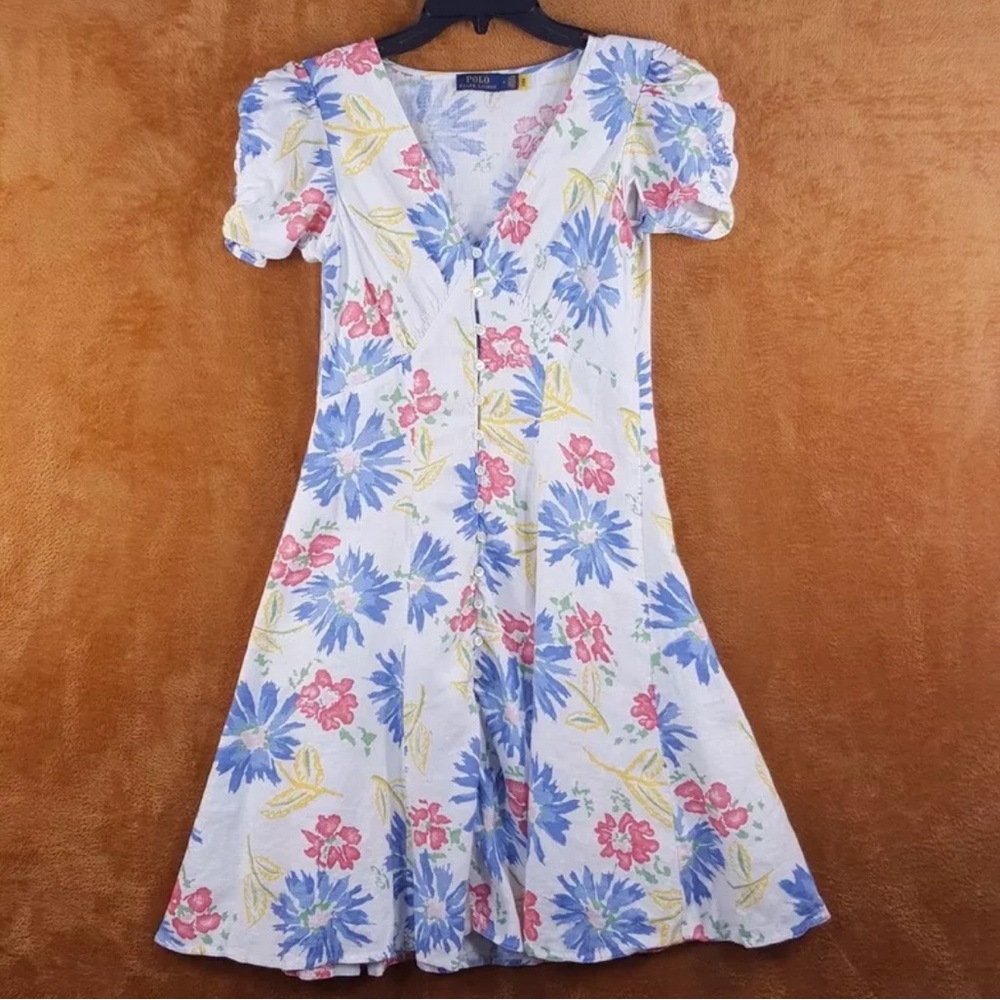 POLO RALPH LAUREN Womens Dress Size 4 White Floral Fit Flare Linen Preppy NOELE